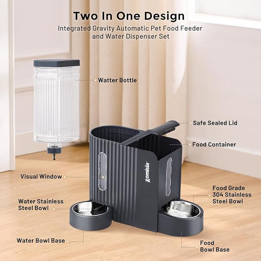 Gravity Cat Food and Water Dispenser Set with 304 Stainless Steel Bowls, 2 in 1 Automatic Cat Feeder with 180 Degree Rotatable Water Bowl, Large Capacity for Puppy Kitten Rabbits, Grey