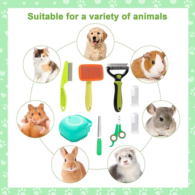 VCZONE 8 Pcs Dog Grooming Kit: Nail Clipper, Flea Comb, Shampoo Brush, Shedding Brush, Dematting Comb, Silicone Toothbrush (Green)