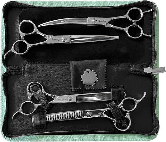 Dog Cat Scissors for Grooming, Pet Shears for Thick Coats and Matted Hair, Thinner Curved Straight Chunker Stainless Steel Shears