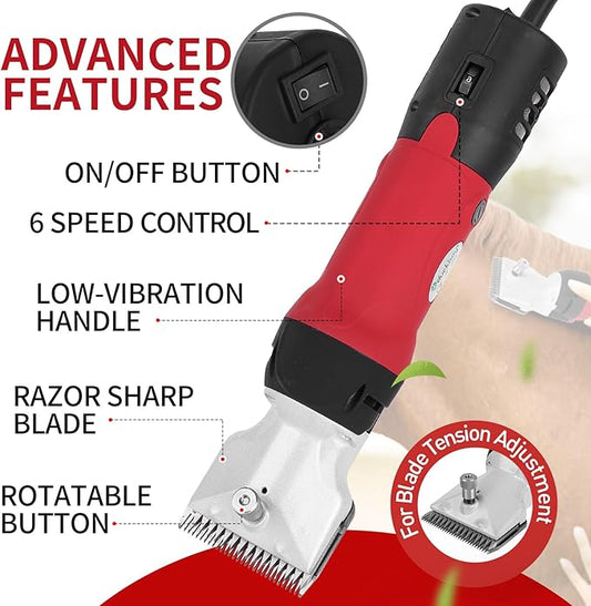 DUCKBOY Heavy Duty Clippers for Thick Coats Animals, 600W Professional Electric Shearing Machine for Horse Pony Cattle and Large Dogs Livestocks Grooming, 6 Speed & 2 Detachable Shearing Blades