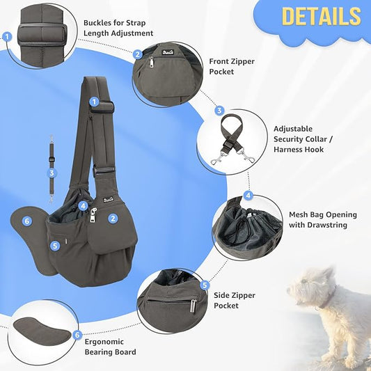 SlowTon Dog Carrier Sling - Hard Bottom Support Dog Carriers for Small Dogs with Adjustable Padded Shoudler Strap, Dog Purse for Puppy Cat Pet with Drawstring Opening Storage Zipper Pockets (Grey)