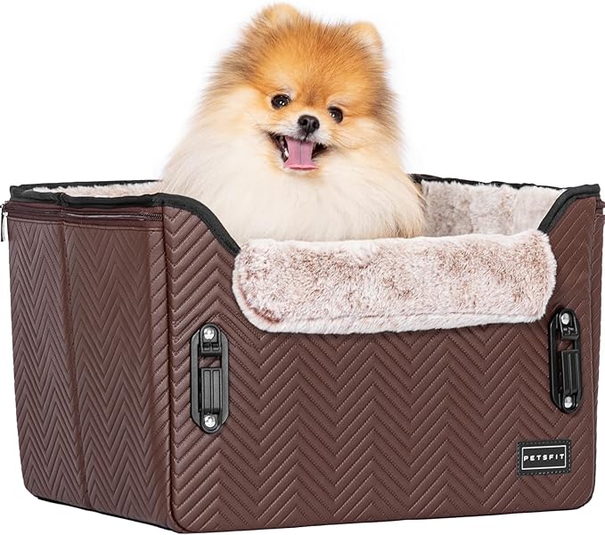 PETSFIT Car Seat for Dogs, Waterproof PU Leather Dog Car Seat for Small Dogs with Patented Safe Buckles, Clip-On Leash, Pet Travel Carrier Bed for Small Pets Up to 25lbs (Brown)