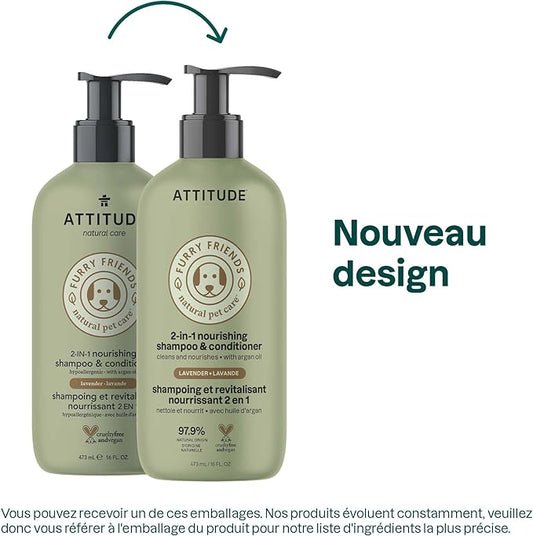 ATTITUDE 2in1 Nourishing Shampoo and Conditioner for Cat & Dog, Vegan and Cruelty-Free, Lavender & Argan Oil, 16 Fl Oz