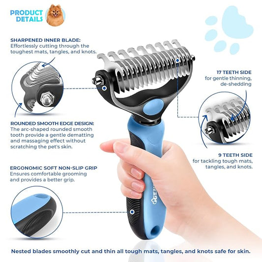 Undercoat Rake for Dogs & Cats, Dematting Comb with Extra Wide Double-Sided Stainless Steel Teeth for Detangling, Deshedding, Brushing, Thinning & Removing Shed Fur, Knots, Mats, and Tangles in Pets