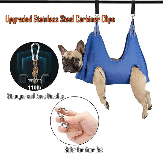Pet Dog Grooming Hammock Harness with Two Heavy Duty Stainless Clips, Nail Clippers, Nail Trimmers, Scissors with Grooming Sling Harness for Nail Trimming Clipping (Small/Under 45lb, Blue)