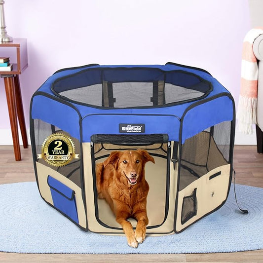 EliteField 2-Door Soft Pet Playpen (2 Year Warranty), Exercise Pen, Multiple Sizes and Colors Available for Dogs, Cats and Other Pets (48" x 48" x 32"H, Royal Blue+Beige)