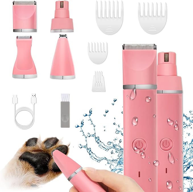Dog Grooming Clippers Kit-Electric Rechargeable Cat Trimmer Tools-Cordless Quiet Pet Nail Paw Grinder-4 in 1 Multifunctional Low Noise Shaver-Razor for feet Face Ears Toenail Eye(Pink)