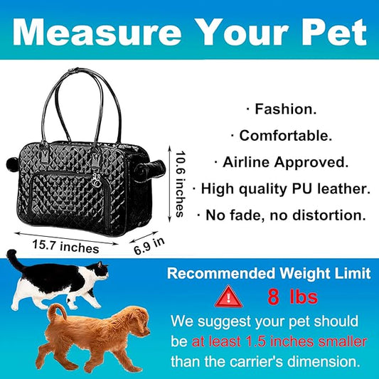 Fashion Dog Purse Carrier for Small Dogs with 2 Extra Pockets, Holds Up to 8lbs Quality PU Leather Pet Carrier, Cat Carrier, Airline Approved Puppy Purse Carrier for Travel (Black, Small Size)
