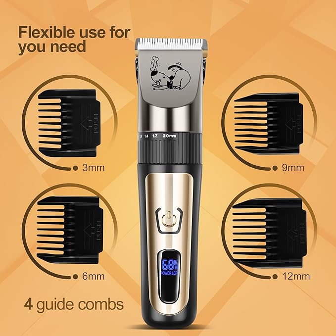 Dog Grooming Clipper Kit, Cordless Low Noise Rechargeable Electric Trimmer With Adjustable Comb & Detachable Blades, Suitable for Dogs, Cats, Pets