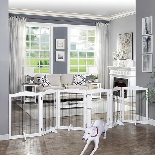 beeNbkks Extra Wide Pet Gate, 6 Panels Freestanding Dog Gate with Walk Through Door and 5 Support Feet, Foldable Pet Barrier Fence for Stairs Doorways Fireplace, Indoor Exercise Playpen for Dogs Cats