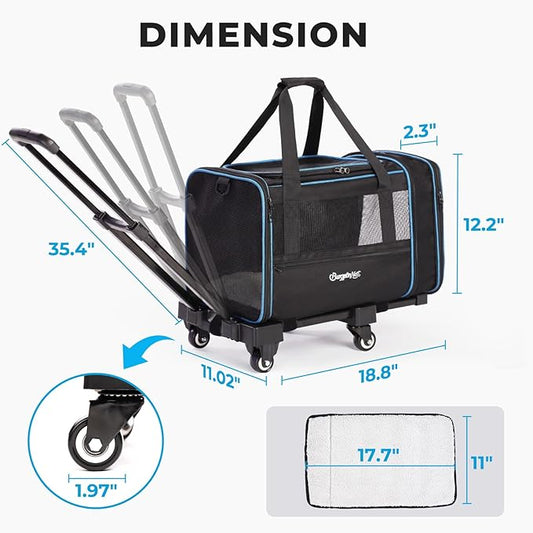 BurgeonNest Expandable Premium Cat Carrier with Wheels - Handle Adjustable Small Dog Carrier- Designed for Dogs and Cats up to 15 lbs - Removable Soft Lined Pet Carrier