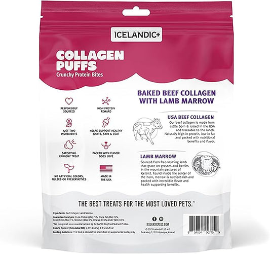 Icelandic+ Collagen Puffs: Baked Beef Collagen with Lamb Marrow 2.5oz - Treats for Med-Lg Dogs, Crunchy Protein Bites