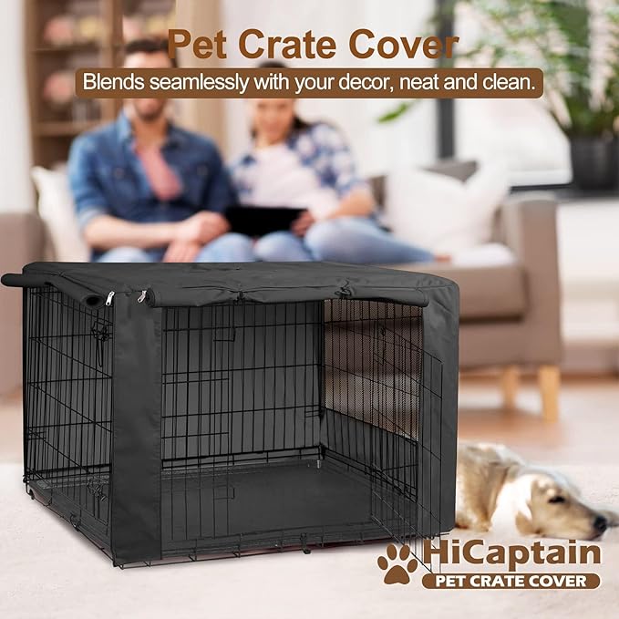 HiCaptain Black Dog Crate Cover for 30 Inches Wire Crates, Heavy-Duty Polyester Indoor Dog Kennel Cover Universal Fit for 1 2 Doors Standard Metal Cage (Black)