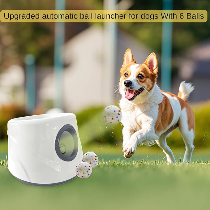 Automatic Ball Launcher for Dogs ,The Upgraded Ball Thrower Adjustable Distance 20-45ft Including 6 PCS 2.3-inch Sized Balls, Interactive Dog Toys Suitable for Small to Medium Sized Dogs