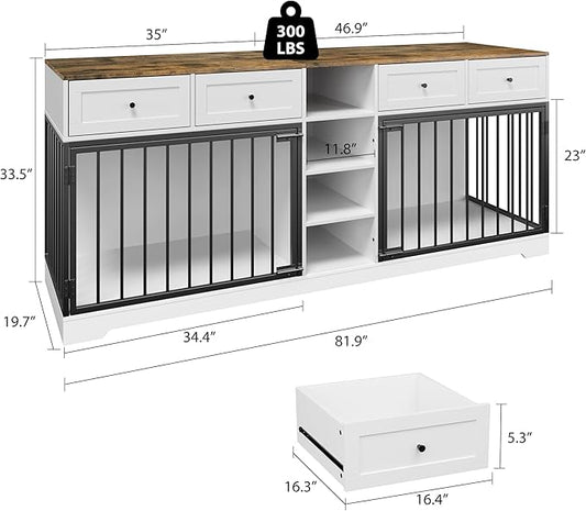 IDEALHOUSE 82” Large Dog Crate for 2 Dogs, Dog Kennel Indoor with 4 Drawers and Shelves, Double Dog Crate Furniture TV Stand, Wooden Heavy Duty Dog Crate for Medium Large Dogs, White