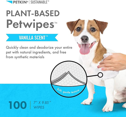 Petkin Plant-Based PetWipes, 100 Wipes - Biobased, Sustainable, Big & Thick Pet Wipes for Dogs & Cats - for Face, Paws, Ears, Body & Eye Area - Consciously Cleans & Conditions - Vanilla