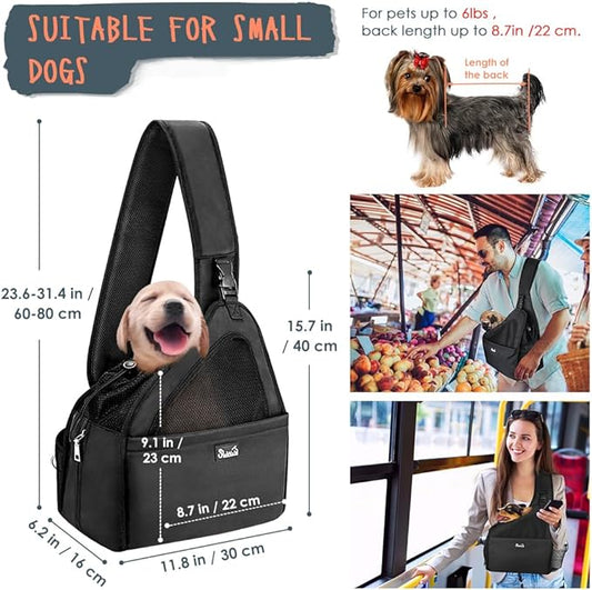 Lukovee Dog Slings for Small Dogs, Hard Bottom Support & Adjustable Soft Padded Shoudler Strap Dog Sling Carrier, Dog Purse with Button Closure & Zipper Pockets (for Pets up to 6 lbs, Black)
