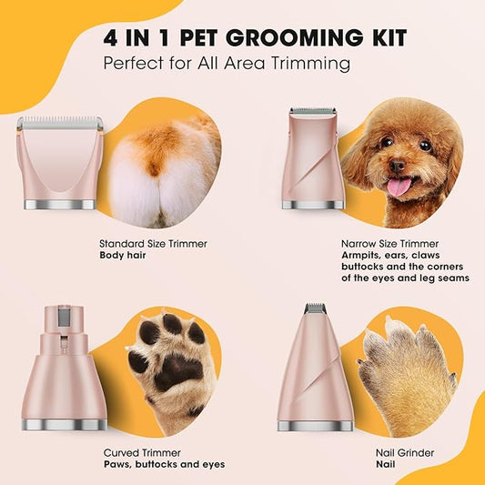 Upgrade Dog Grooming Kit, Cordless Dog Paw Trimmer, 4 in 1 Low Noise Pets Hair Clipper Grooming Kit, 2-Speed Nail Grinder with Stainless Steel Blade for Small Pet with Thick Coats (Pink)