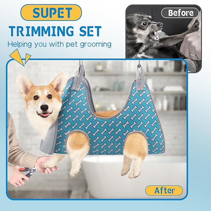 Supet Dog Grooming Hammock for Small Dogs Cat, Relaxation Pet Grooming Hammock Restraint for Nail Trimming (Coral Blue, S( Legs Spacing:7-10.2" / Max W:15-35LBS))