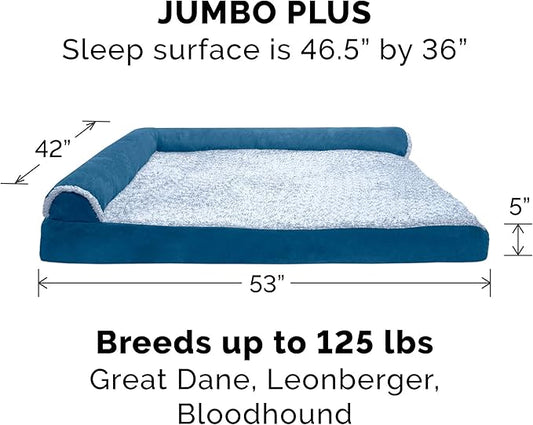 Furhaven Memory Foam Dog Bed for Large Dogs w/ Removable Bolsters & Washable Cover, For Dogs Up to 125 lbs - Two-Tone Plush Faux Fur & Suede L Shaped Chaise - Marine Blue, Jumbo Plus/XXL