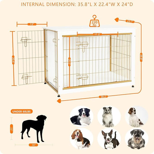 DWANTON Dog Crate Furniture with Cushion, Wooden Dog Crate Table, Double Doors Dog Furniture, Indoor Dog Kennel, Dog House, Dog Cage Large, 38.5" L, White