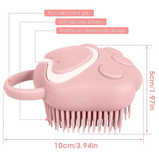 Molain Silicone Rubber Dog Cat Grooming Massage Brush - Hair Fur Cleaning with Soft Shampoo Dispenser (Pink Paw Shape)