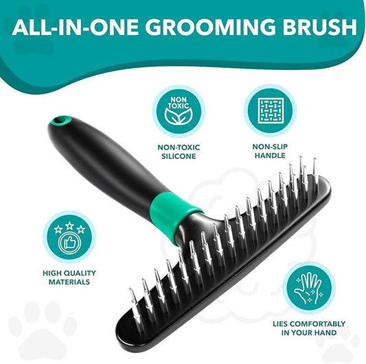 Deshedding Brush Comb - Undercoat Rake for Dogs, Cats, Short, Long Hair Coats - Double Row Stainless Steel Pins - Reduce Shedding by 90% (Green)