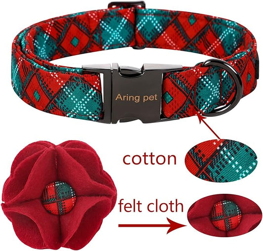 ARING PET Christmas Dog Collar-Fancy Dog Collar with Felt Flowers, Cotton Christmas Plaid Dog Collars Pet Collars with Metal Buckle