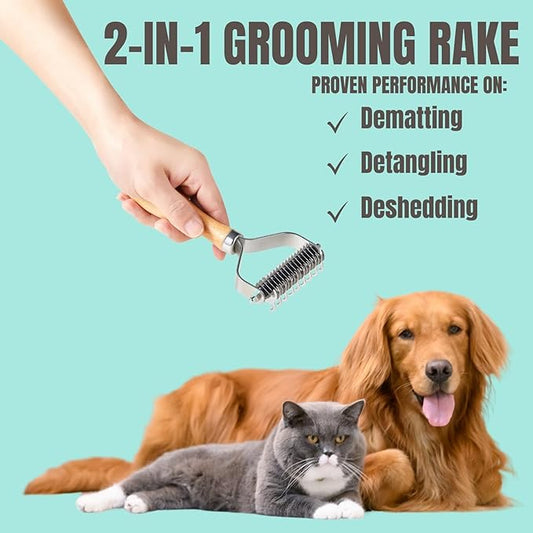 Dog Cat Brush for Shedding Dematting, 3 Pack Pet Grooming Kit of Double Sided Undercoat rake and Pet Combs, Deshedding Brush, Premium Wood Handle
