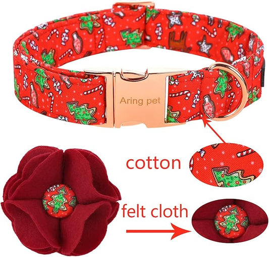 ARING PET Christmas Dog Collar-Girl Dog Collar with Felt Flower, Cute Red Christmas Dog Collars Pet Collars with Metal Buckle