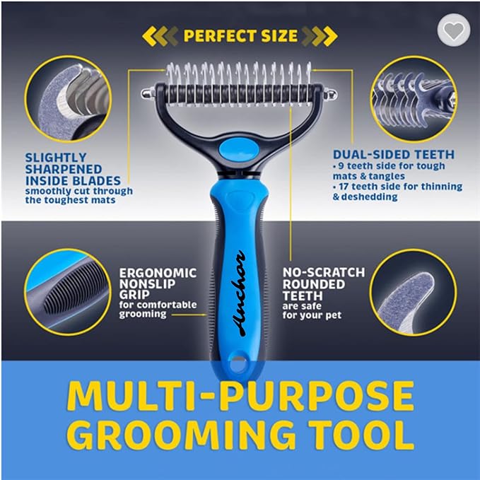 ANCHOR Pet Grooming Brush-Double Sided Shedding and Dematting Undercoat Rake Comb for Dogs and Cats, No More Nasty Shedding or Flying Hair (Blue), 1.0 Count