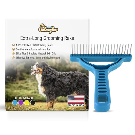 The Untangler Grooming Rake with Extra Long 1.25" silky smooth 360 degree rotating teeth to easily collect loose hair and groom(Blue)