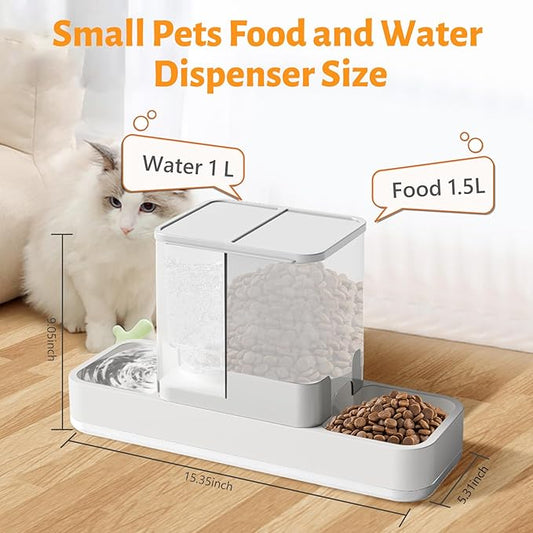 Yummy Sam Automatic Small Pet Feeder and Water Dispenser, 2 in 1 Gravity Cat Auto Pet Feeder and Waterer Set Feeder Dish for Small Medium Pets Dog Puppy Kitten (White)