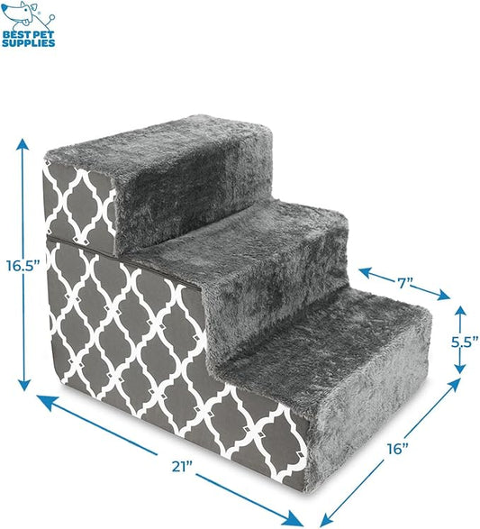 Best Pet Supplies Portable Foldable Foam Pet Stairs/Steps for Couch, Sofa, and High Bed, Non-Slip Bottom Balanced Paw Safe - Gray Lattice Print, Foldable 3-Step (H: 16.5")