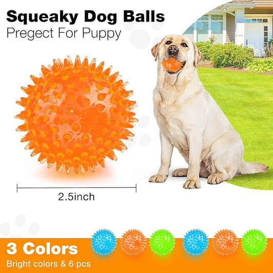 Puppy Toy 2.5” Squeaky Dog Balls Toys and Spikey Dog Ball for Aggressive Chewers for Small Dogs Dog Balls for Clean Teeth and Training (6 Pack