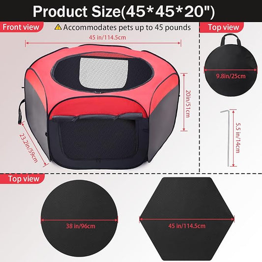 Foldable Brooder Box for Chick,Chick Fence Portable Dog Playpen Cage with Floor Mat, Large Dog Tent Oxford Fabric Cage Indoor/Outdoor, Red and Black