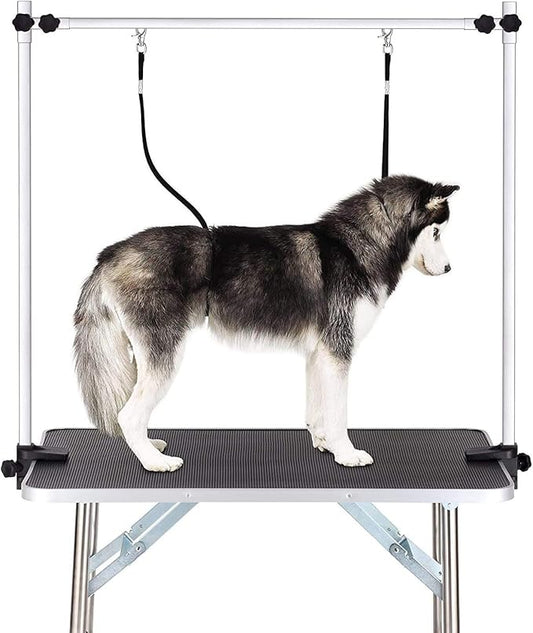 PULLAFUN 36" Professional Dog Pet Grooming Table Heavy Duty Adjustable with Overhead Arm, Two Grooming Noose Mesh Tray (Black, 46inch)