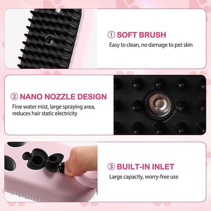 2025-NEW Cat Steam Brush for Shedding, 4 in 1 Brushs with Foldable Handle, Steam Brushs for Cats,Water Brush for Cat, Pet Spray Hair Removal Comb,magic wand for pet hair (pink)