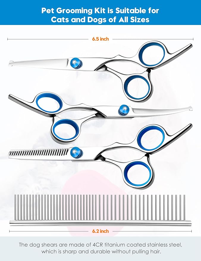 SUMFREY Dog Grooming Scissors with Safety Round Tips,Professional 5 in 1 Dog Grooming Kit ,Dog Scissors for Grooming Sharp and Durable, DGS001