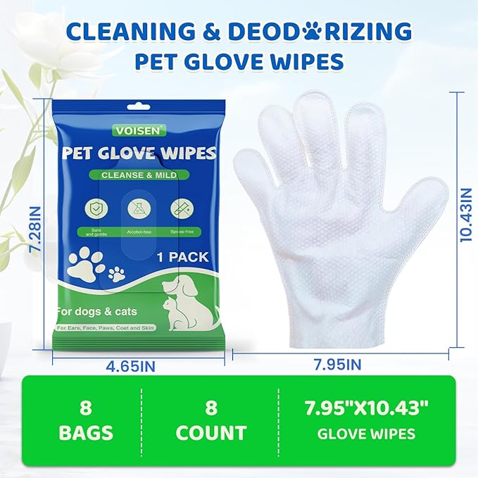 VOISEN 8 Pcs Pet Glove Wipes for Dogs and Cats, Cleaning & Deodorizing Bathing Grooming Wipes,Unscented Thick Nourish Fur Glove Wipes for Pet Dry Cleaning,Daily Care and Travel