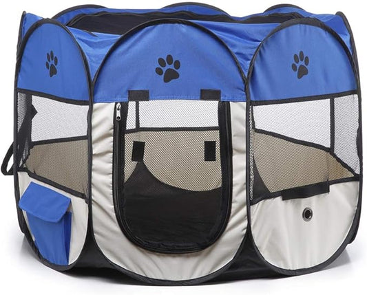Portable Pet Playpen, 28.3" Foldable Dog Playpen for Dogie Kitten Rabbit, Exercise Playpen Tent Indoor/Outdoor Use (Blue)