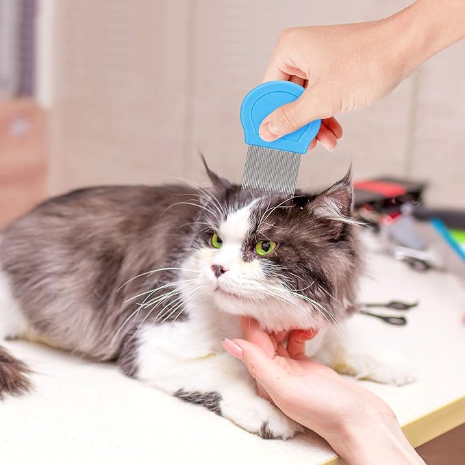 Flea Comb For Dogs & Cats Pet Comb Grooming Set 5 Pieces Metal Teeth Durable Remove Tear Stain Float Hair Combing tangled hair Dandruff Add Storage Pouch (Blue)