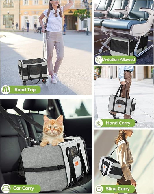 Morpilot Cat Carrier with Wheels Airline Approved, Pet Dog Carrier with Wheels for Small Dogs, Rolling Cat Carrier for Cats Puppy, Stroller Detachable and Foldable Pet Travel Bag (Large - Light Gray)