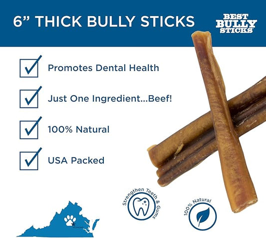 Best Bully Sticks All Natural 6 Inch Thick Bully Sticks for Large Dogs - 100% Free-Range Grass-Fed Beef - Single-Ingredient Grain & Rawhide Free Dog Chews - 18 Pack