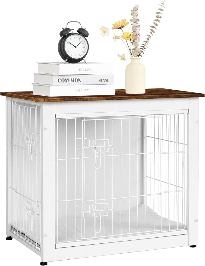 DWANTON Dog Crate Furniture with Cushion, Wooden Dog Crate with Double Doors, Dog Furniture, Dog Kennel Indoor for Small Dog,End Table, 27.2" L, White+Rustic Brown