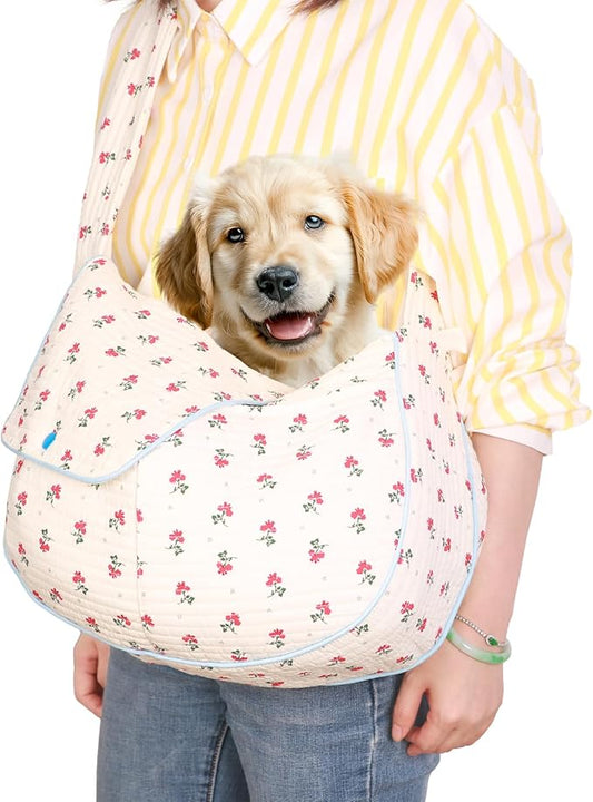 Floral Pet Carrier Sling, Breathable Cotton Dog Purse Carrier, Hand-Free Travel Puppy Purse for Small Dog 3-10 lbs,Cat Purse Carrier, Cat Sling Chest, Small Dog Sling Carrier(White, Large)