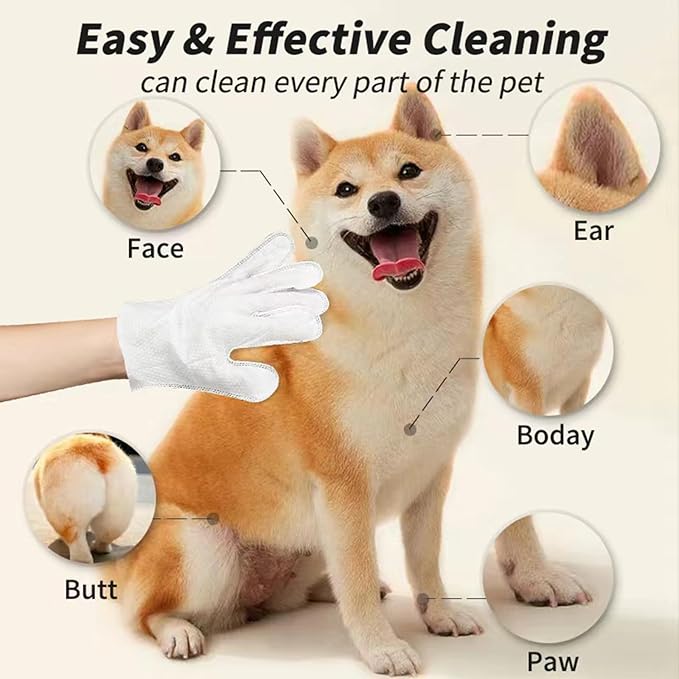 Pet Bathing Wipes for Dogs & Cats, Cleaning & Deodorizing Grooming Gloves, Nourish Fur Glove Wipes for Daily Care and Traveling, Rinse Free,6 PCS, white