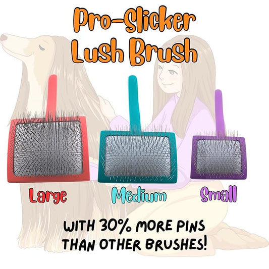 Pro-Slicker Brush Grooming Tool for Pets: Large Red Brush, Soft Cushion Bed of Dull Pins, Gentle but Effective. Easily and Painlessly Remove Thick Undercoat. Reduce Brushing Sessions, Groom like a Pro