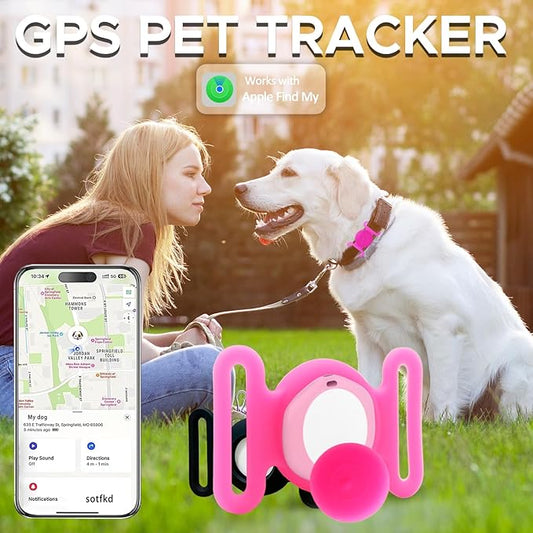 GPS Tracker for Dogs, Mini GPS Pet Tracker with Silicone Cover, IPX8 Waterproof GPS Tracker for Kids,No Monthly Fee,Work with Apple Find My(iOS Only),Dog Tracker Finder Tracker Pets(YPink-L)