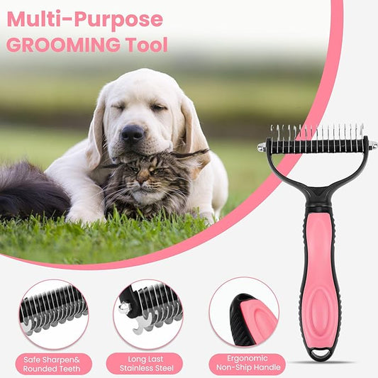 Pet Grooming Tool- 2 Sided Undercoat Rake for Dogs &Cats-Safe and Effective Dematting Comb for Mats&Tangles Removing (Pink)